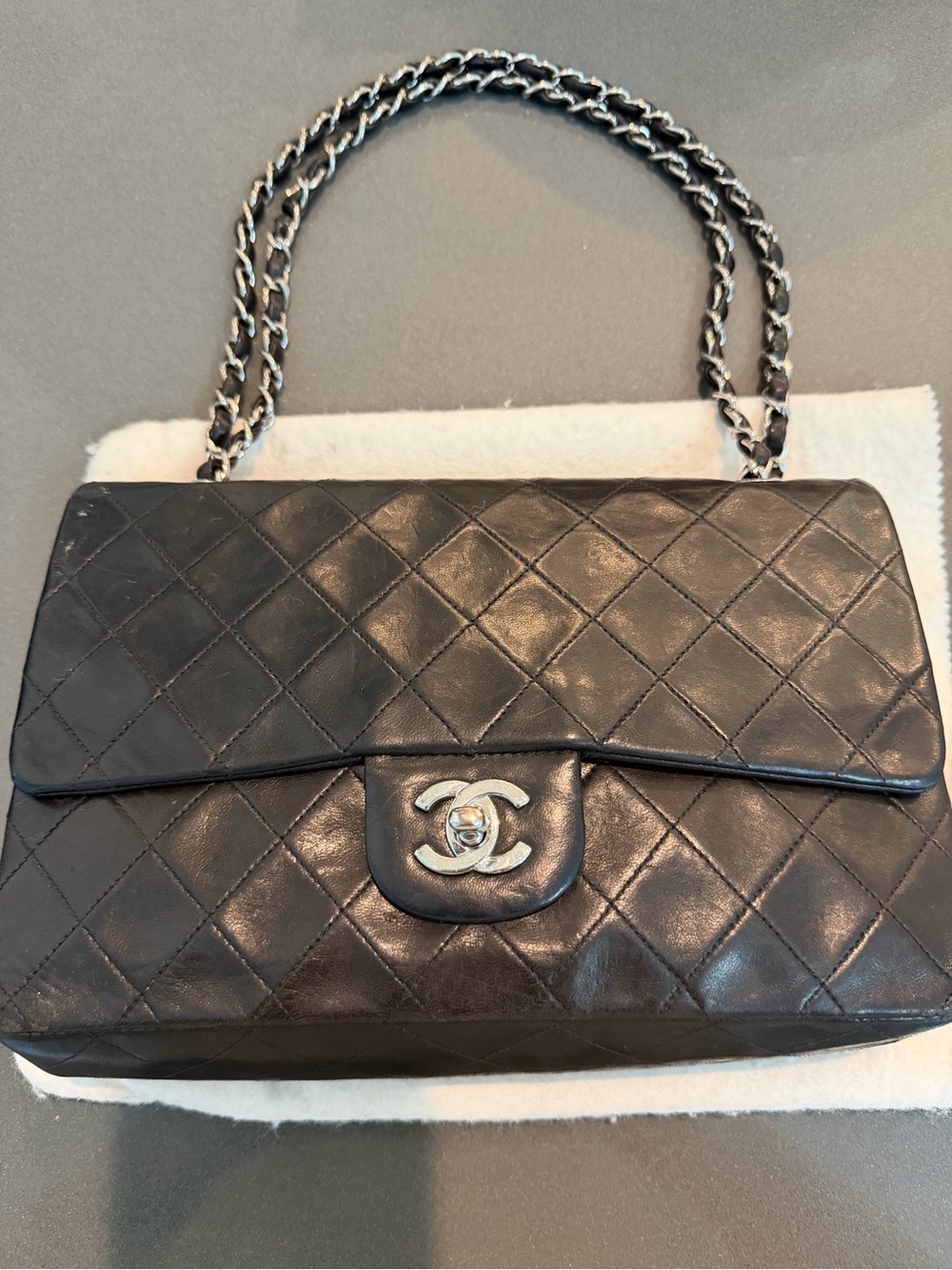 CHANEL Black Quilted Lambskin Single Flap Shoulder Bag with Silver Hardware